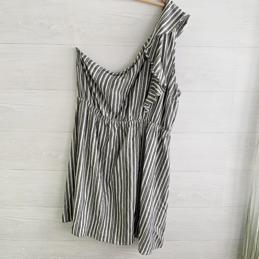 NWT Gilli - Black & ivory striped one shoulder linen blend dress, 2X